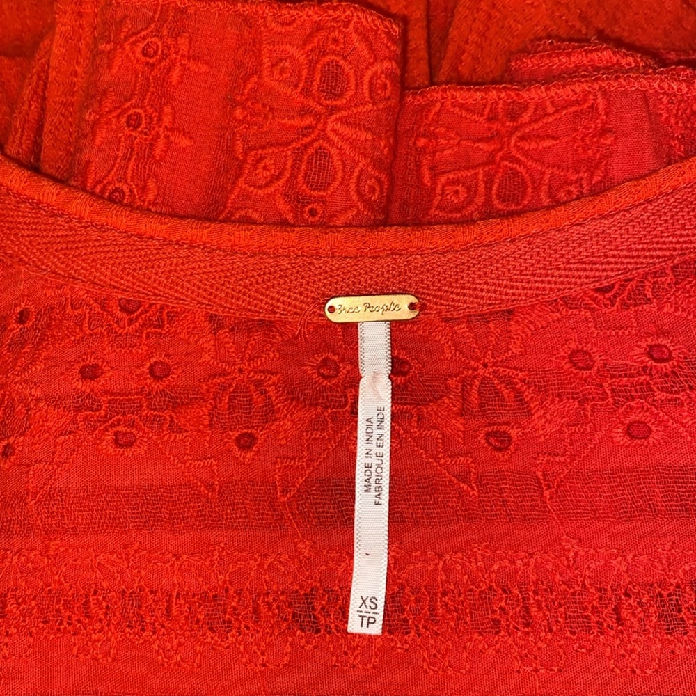 Free People Red Eyelet Lace Wide Bell Sleeve Waffle Knit Thermal Top - Picture 8 of 12